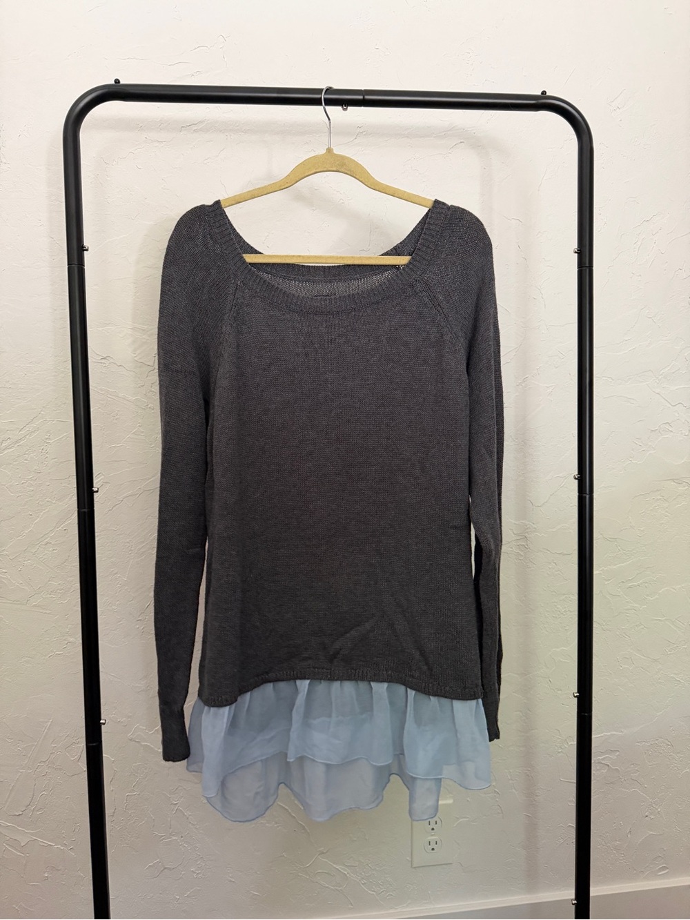 American Eagle Charcoal Gray Layered Knit Top with Chiffon Hem